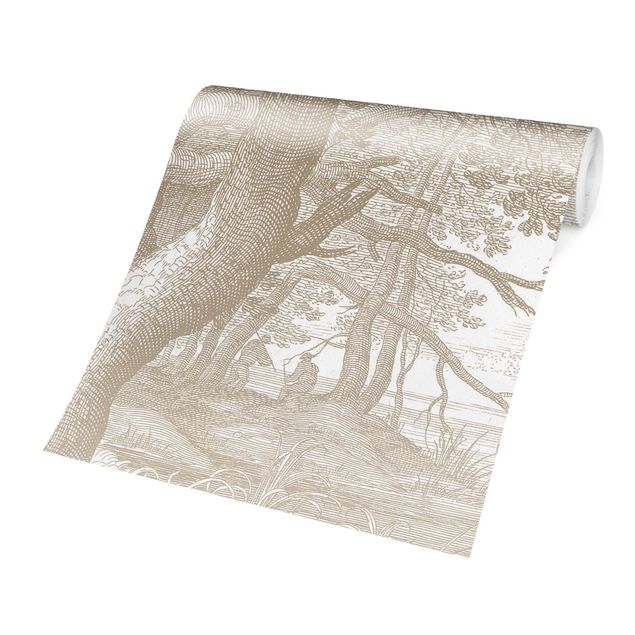 Papel de parede bege In The Woods Copperplate Engraving In Beige
