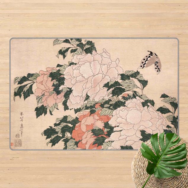 Tapetes modernos Katsushika Hokusai - Pink Peonies With Butterfly