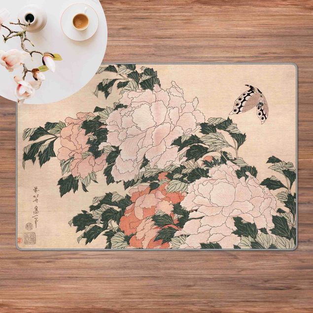Tapete de flores Katsushika Hokusai - Pink Peonies With Butterfly