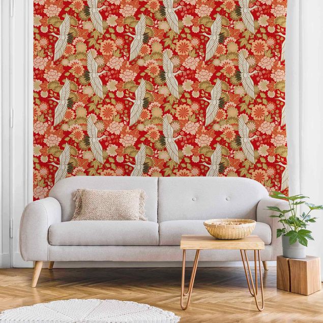 Papel de parede com pássaros Cranes And Chrysanthemums Red