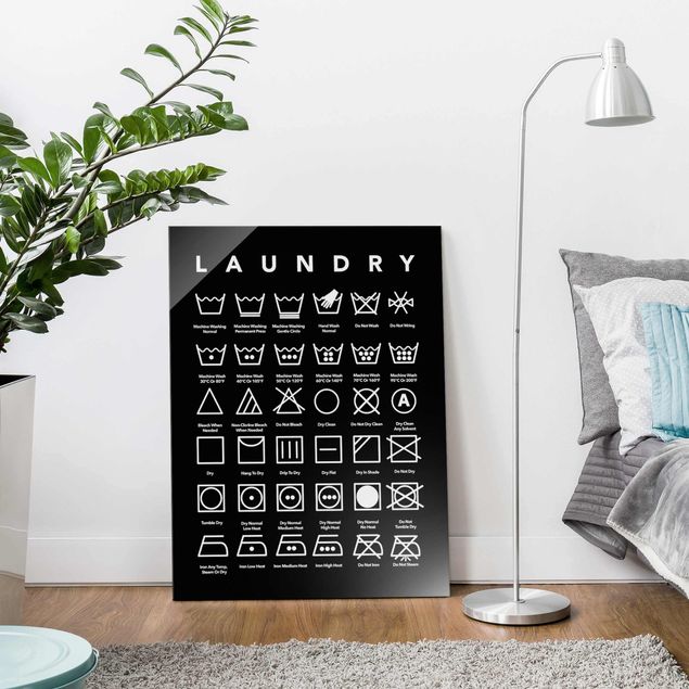 Quadros em vidro em preto e branco Laundry Symbols Black And White
