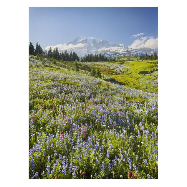 quadros de paisagens Mountain Meadow With Red Flowers in Front of Mt. Rainier