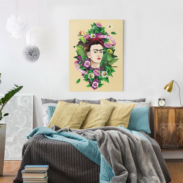 Telas decorativas réplicas de quadros famosos Frida Kahlo - Frida, Äffchen und Papagei