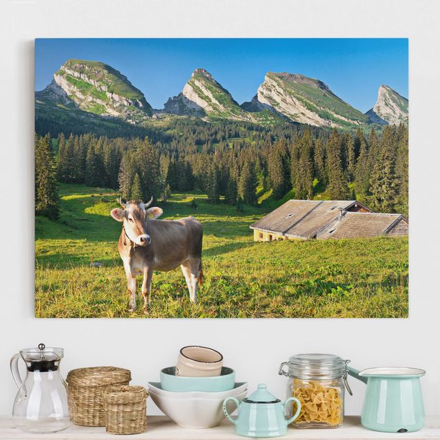 decoraçao para parede de cozinha Swiss Alpine Meadow With Cow