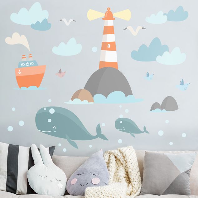 Autocolantes de parede peixes Lighthouse and whales
