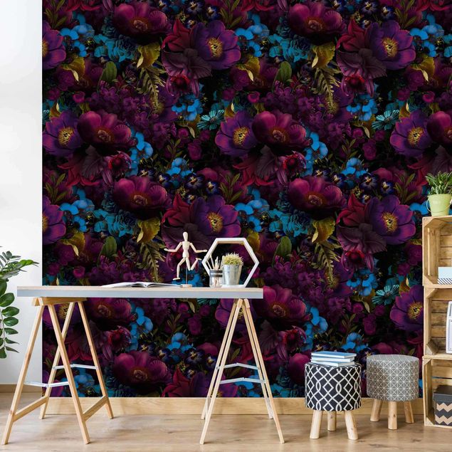 decoraçao para parede de cozinha Purple Blossoms With Blue Flowers