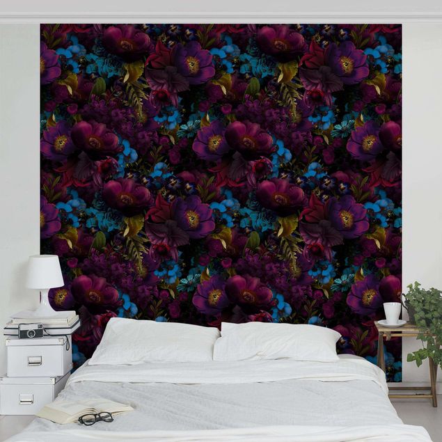 Papel de parede padrões Purple Blossoms With Blue Flowers