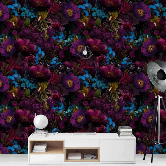 papel de parede para quarto de casal moderno Purple Blossoms With Blue Flowers