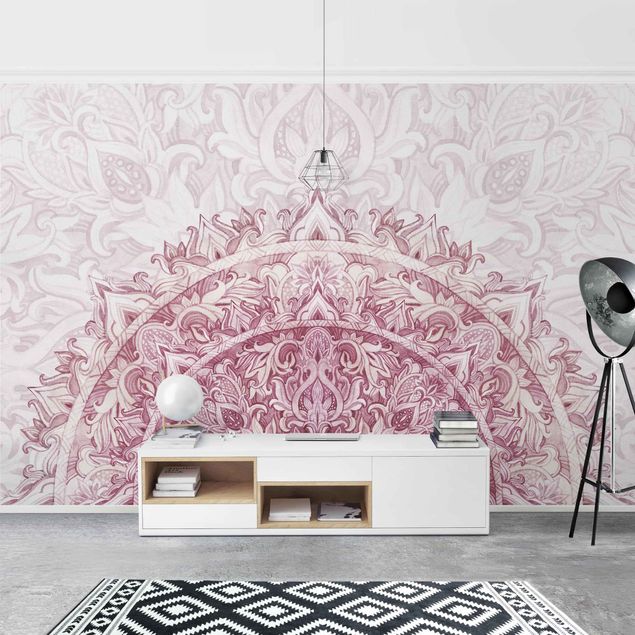 papel de parede para quarto de casal moderno Mandala Watercolour Ornament Semicircle Red