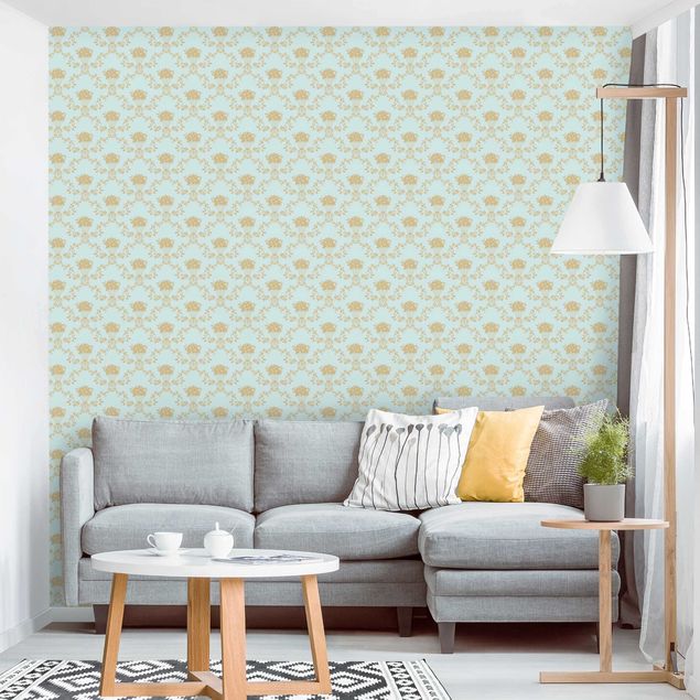 Papel de parede padrões No.RS10 Flower Basket Turquoise Layout