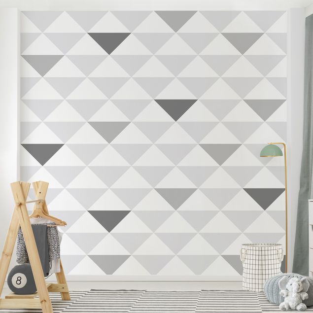Papel parede geométrico No.YK66 Triangles Grey White Grey