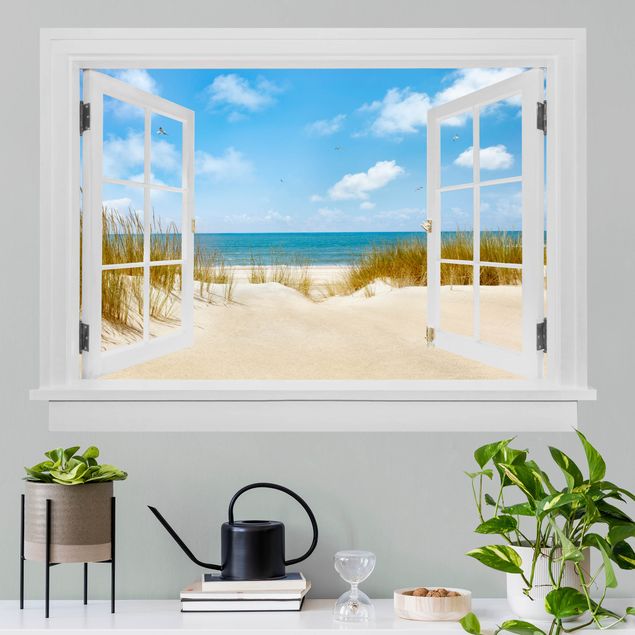 Autocolantes de parede 3D Open window beach at the North Sea