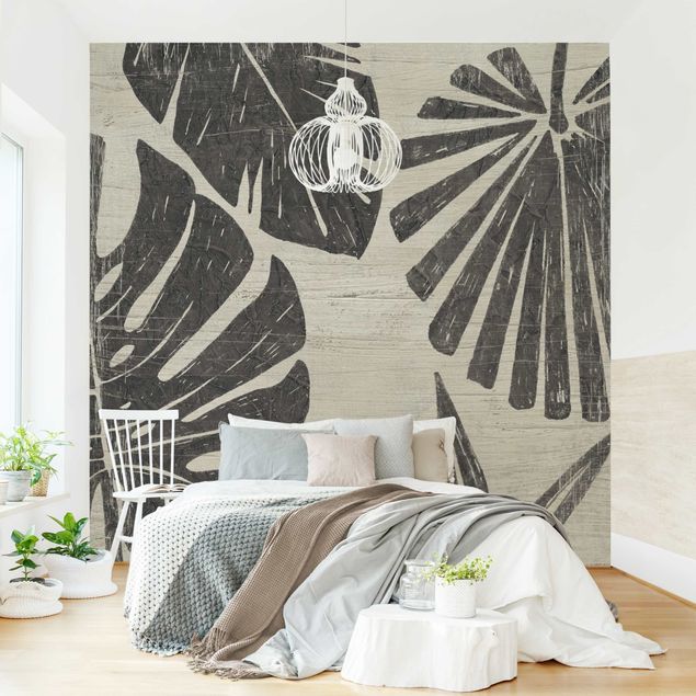 papel de parede floral Palm Leaves Light Grey Backdrop