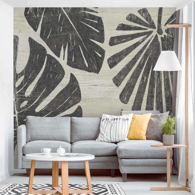 papel parede cinza Palm Leaves Light Grey Backdrop