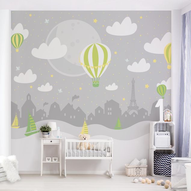 decoração quarto bebé Paris With Stars And Hot Air Balloon In Grey