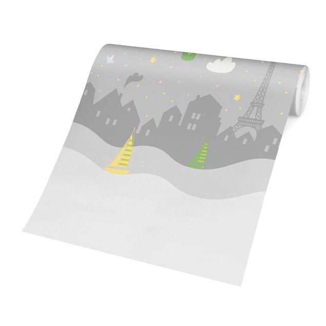 papel parede cinza Paris With Stars And Hot Air Balloon In Grey
