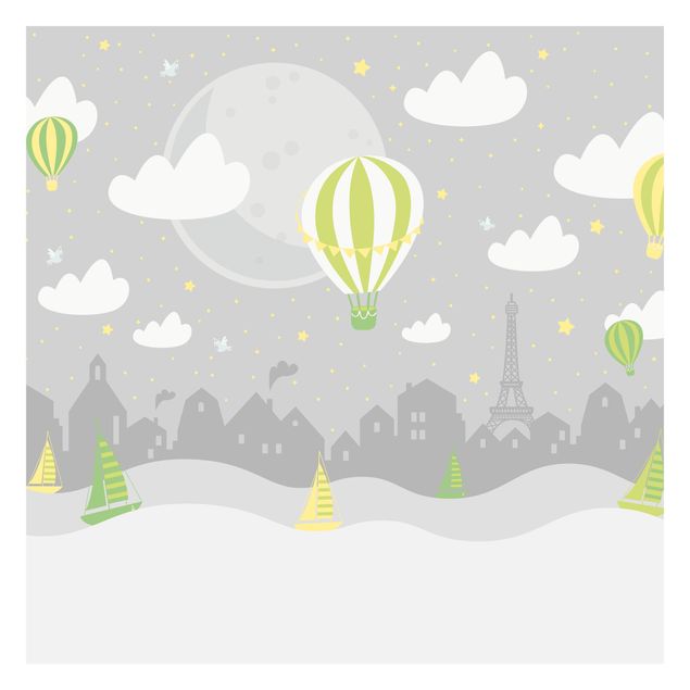 mural para parede Paris With Stars And Hot Air Balloon In Grey
