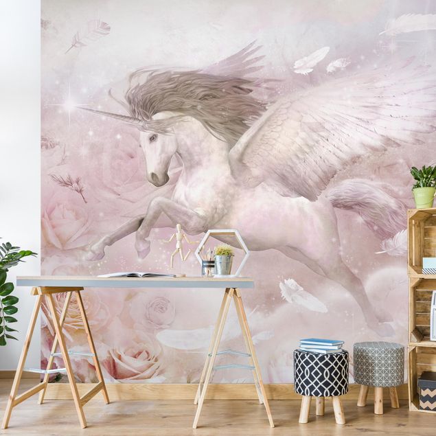Papel de parede rosas Pegasus Unicorn With Roses
