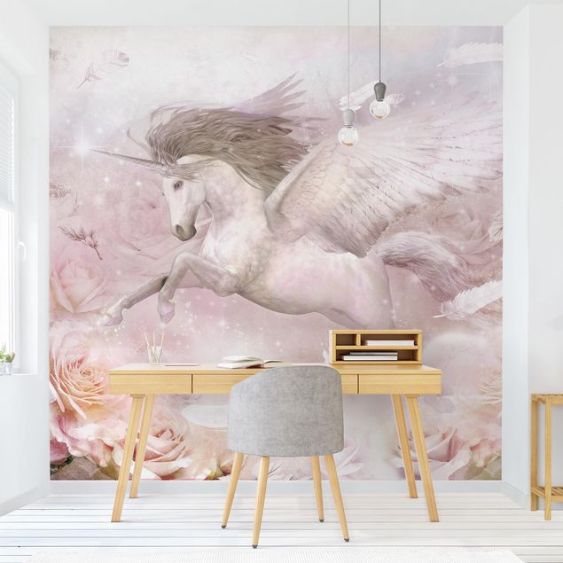 papel de parede moderno Pegasus Unicorn With Roses