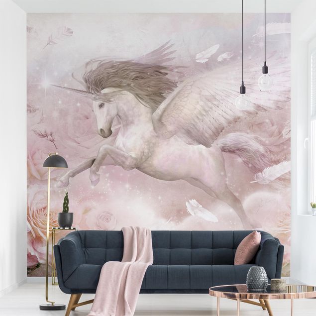Papel de parede animais Pegasus Unicorn With Roses