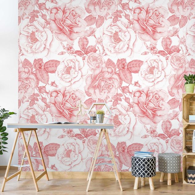 papel de parede moderno para sala Peony Pattern Pink