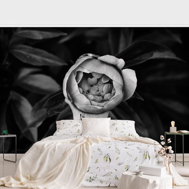 papel de parede moderno Peonies In Front Of Leaves Black And White