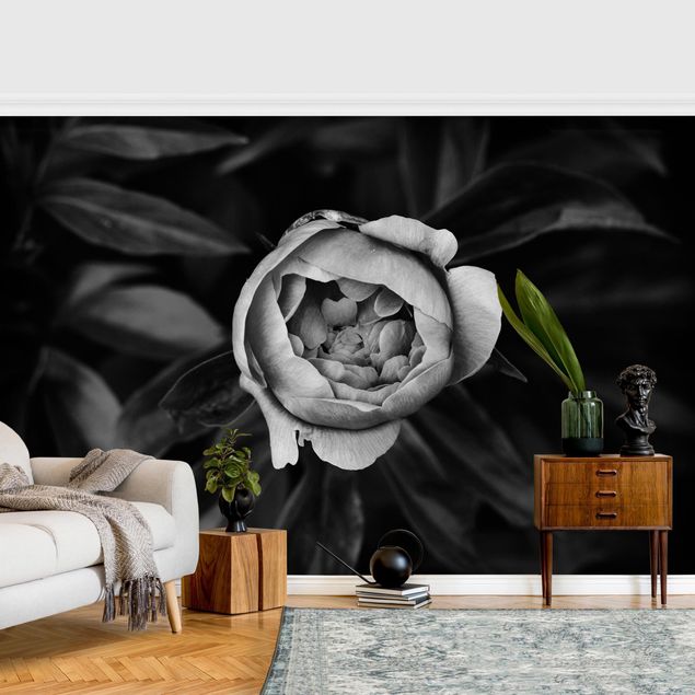 Papel de parede com flores Peonies In Front Of Leaves Black And White