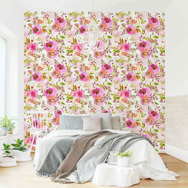 papel de parede para quarto de casal moderno Pink Watercolour Flowers