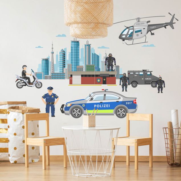 Autocolantes de parede 3D Police and police cars set