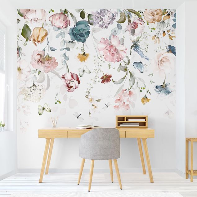 papel de parede para quarto de casal moderno Tendril Flowers with Butterflies Watercolour