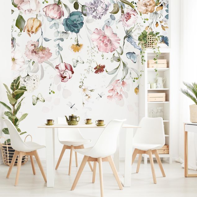 papel de parede floral Tendril Flowers with Butterflies Watercolour