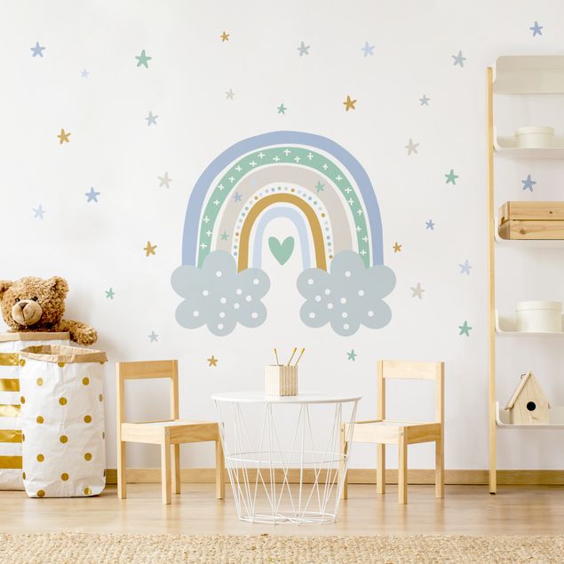 decoração para quartos infantis Rainbow with clouds blue turquoise