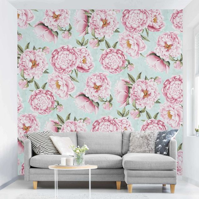 papel de parede para quarto de casal moderno Pink Flowers On Mint Green In Watercolour