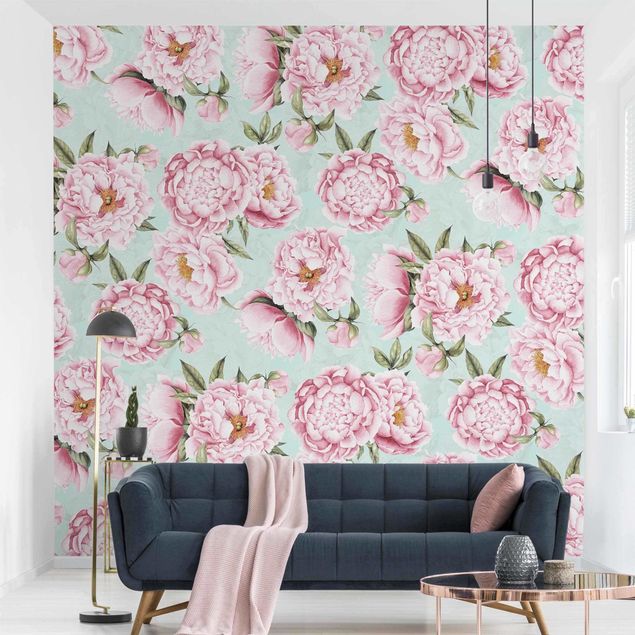 decoraçao para parede de cozinha Pink Flowers On Mint Green In Watercolour
