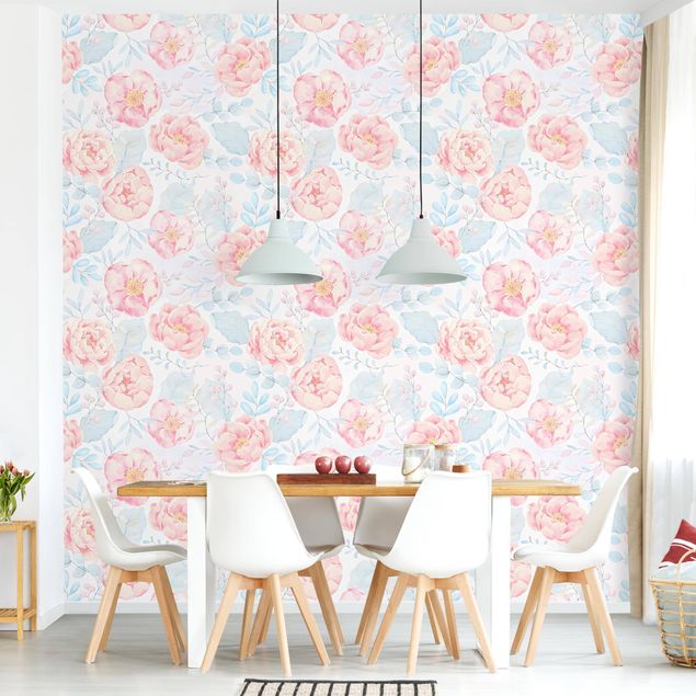papel de parede moderno Pink Flowers With Light Blue Leaves