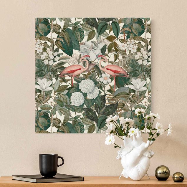 Telas decorativas flores Pink Flamingos With Leaves And White Flowers