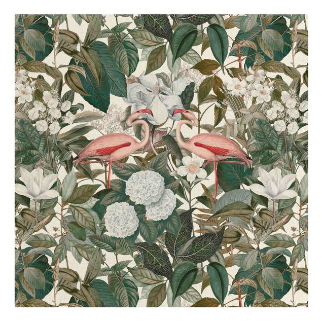 Quadros verdes Pink Flamingos With Leaves And White Flowers