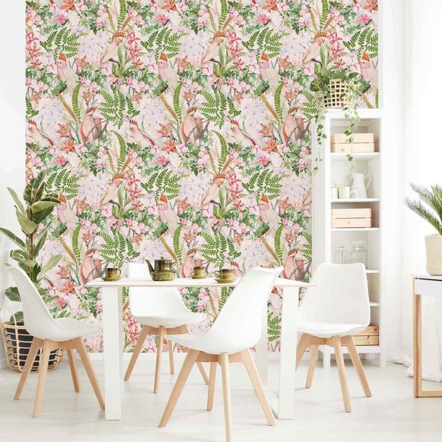 papel de parede moderno Pink Cockatoos With Flowers