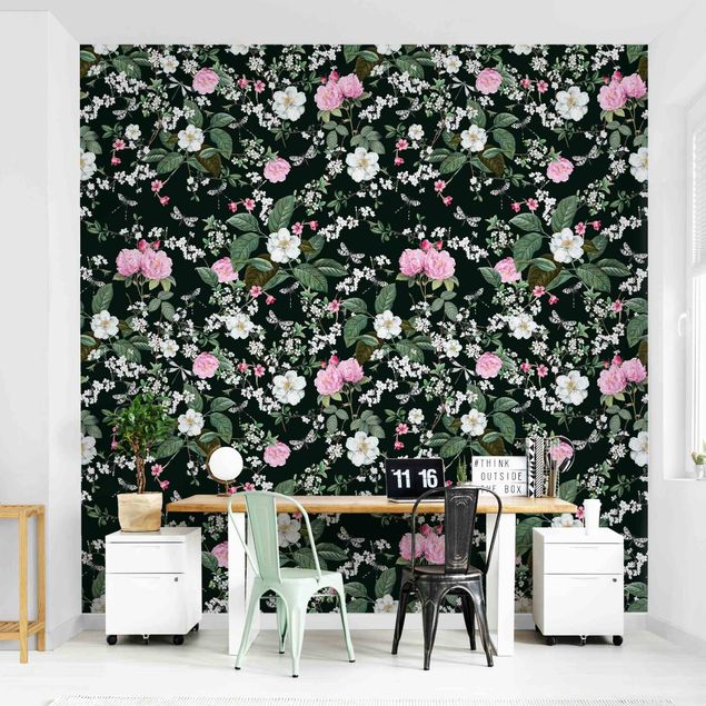 Papel de parede padrões Roses And Butterflies On Dark Green