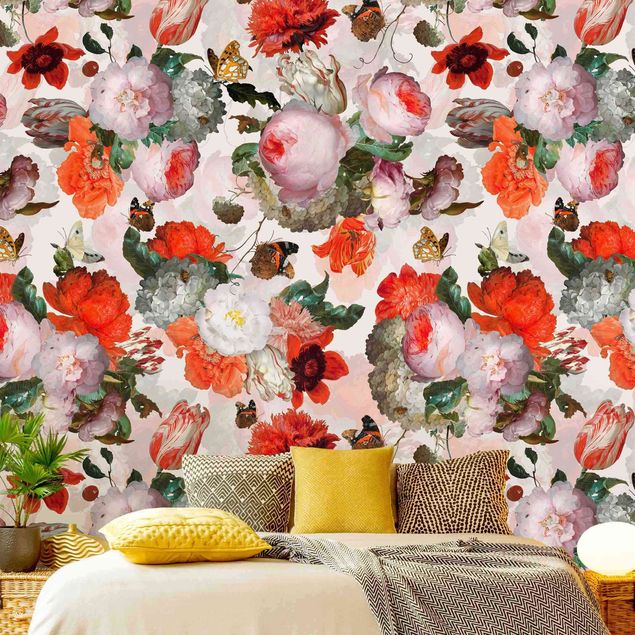 papel de parede para quarto de casal moderno Red Flowers With Butterflies