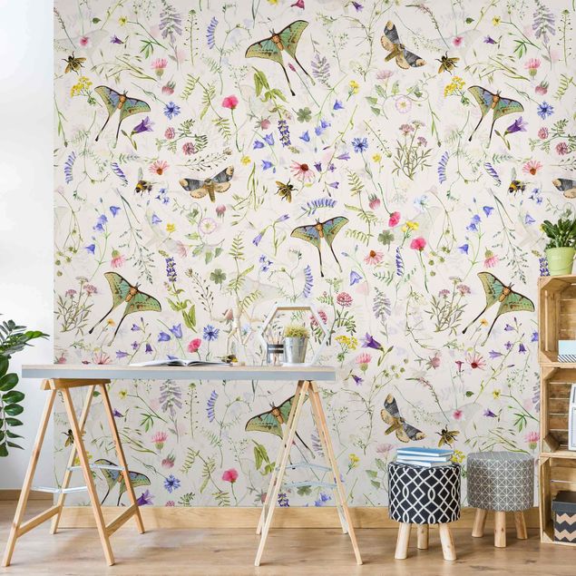 decoraçao para parede de cozinha Butterflies With Flowers On Cream Colour