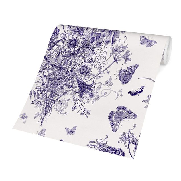 papel parede de flor Butterflies Around Floral Island In Purple