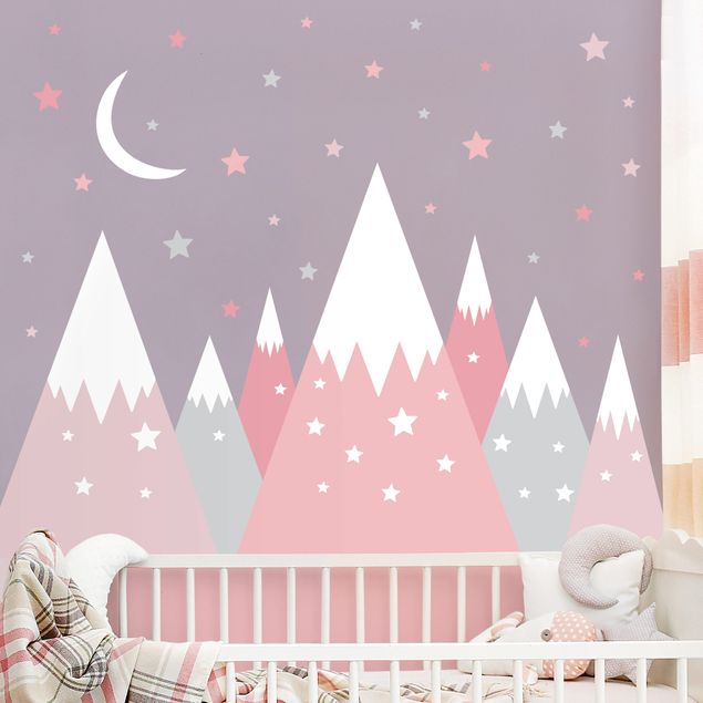 Decoração para quarto infantil Snow-capped mountains star and moon pink