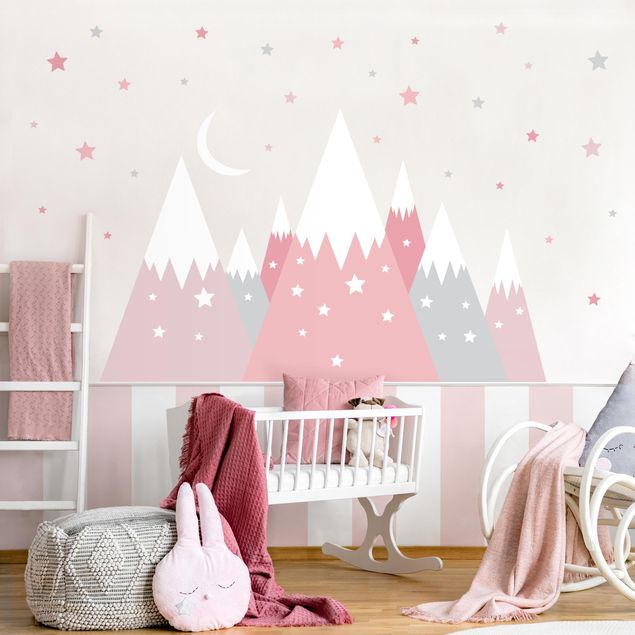 Autocolantes de parede estrelas Snow-capped mountains star and moon pink