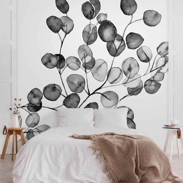 papel de parede floral Black And White Eucalyptus Twig Watercolour
