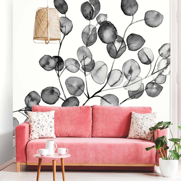 Papel de parede preto e branco Black And White Eucalyptus Twig Watercolour