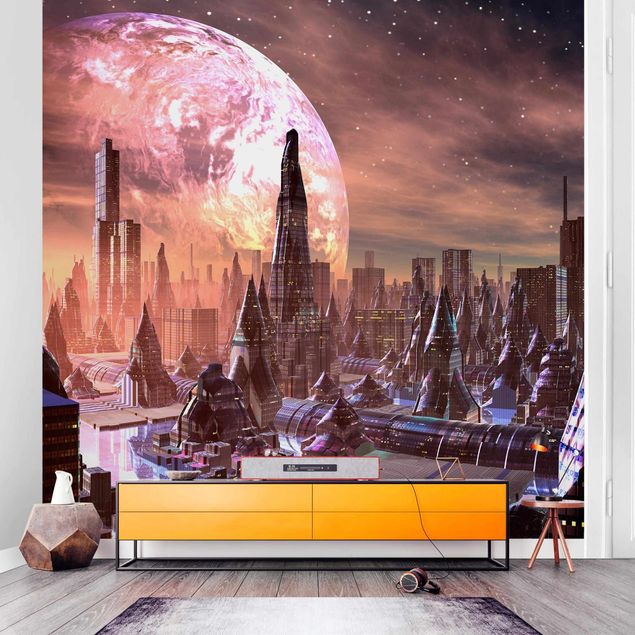 papel de parede para quarto de casal moderno Sci-Fi City With Planets