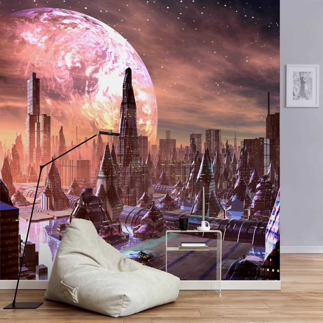 papel parede preto Sci-Fi City With Planets