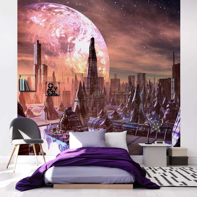 mural para parede Sci-Fi City With Planets