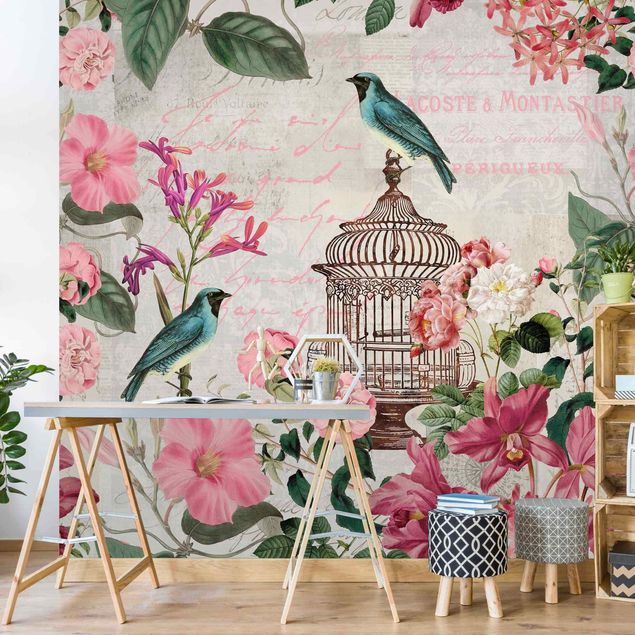 Papel de parede pássaros Shabby Chic Collage - Pink Flowers And Blue Birds